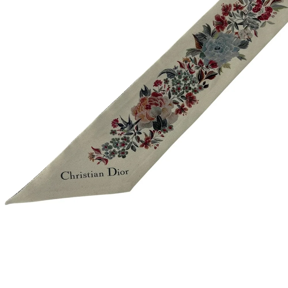 Christian Dior Toile de Jouy Floral Silk Mitzah Scarf Beige Multicolor
